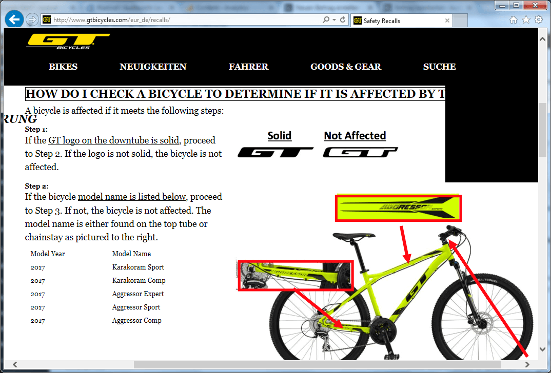 Rückruf GT Bicycles Lenkerbruch kurzanleitung.net