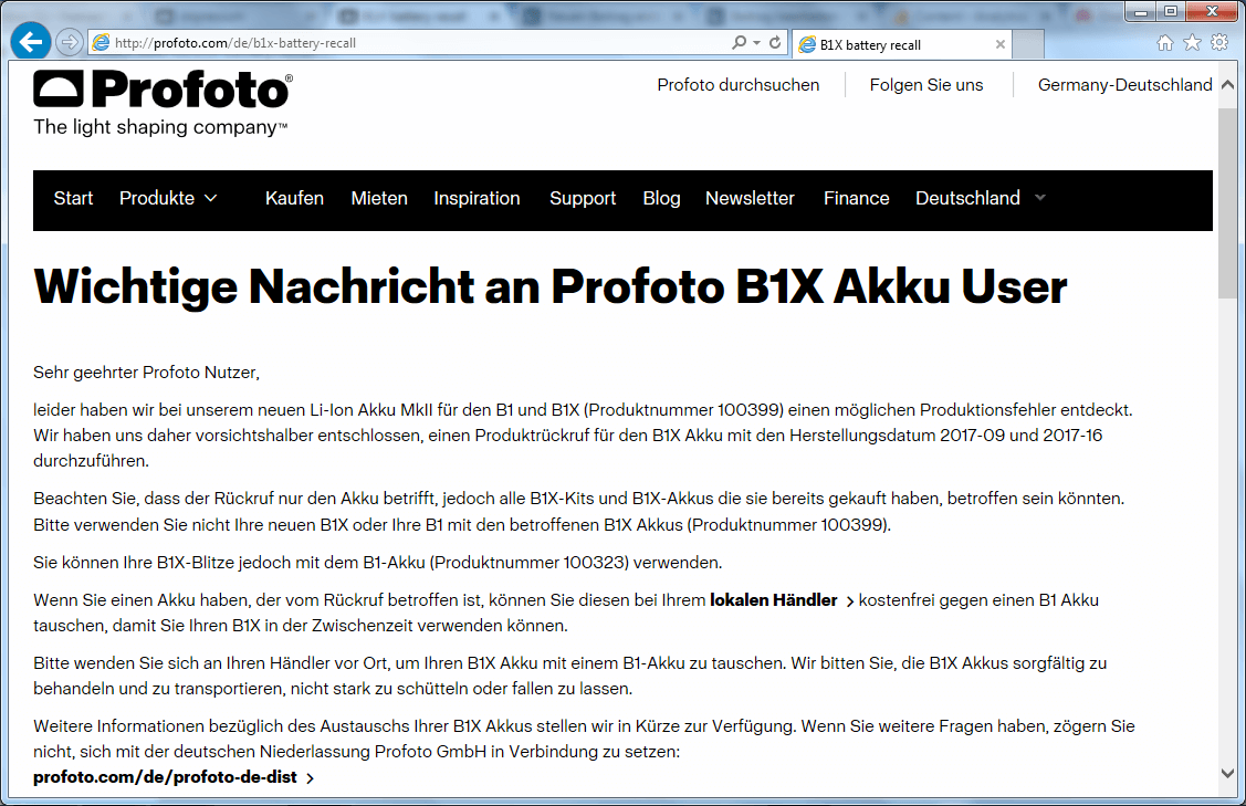 Rückruf Profoto Akku kurzanleitung.net