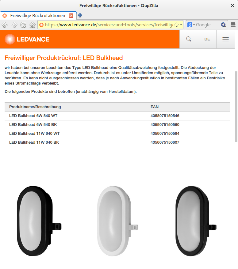 Rückruf LEDVANCE LED Leuchte - kurzanleitung.net